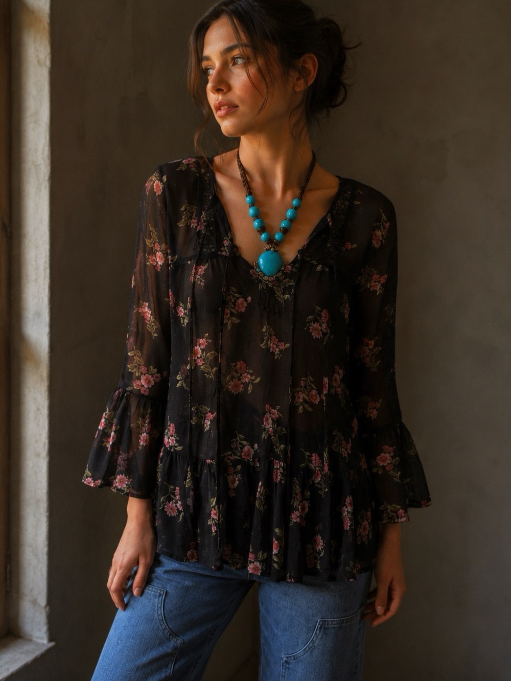 American Eagle Outfitters Black Dark Floral Bell Sleeve Lace Sheer Blouse Sml